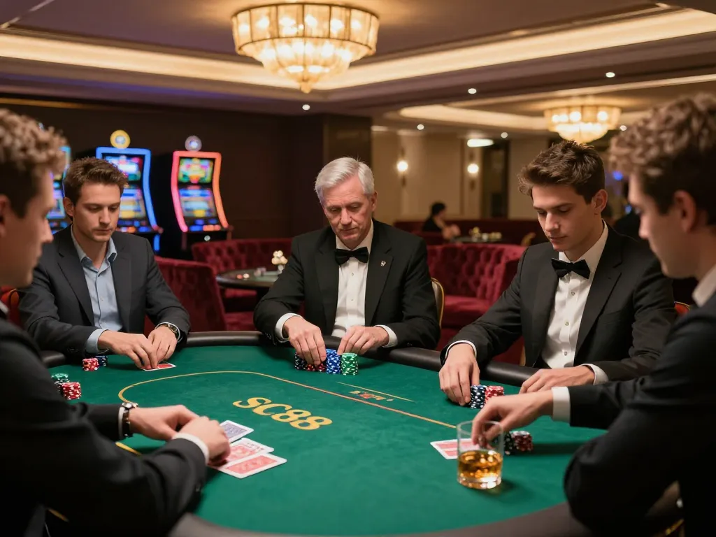 Players strategizing in an upscale poker game at SC88, with cards and chips illustrating high-stakes action.