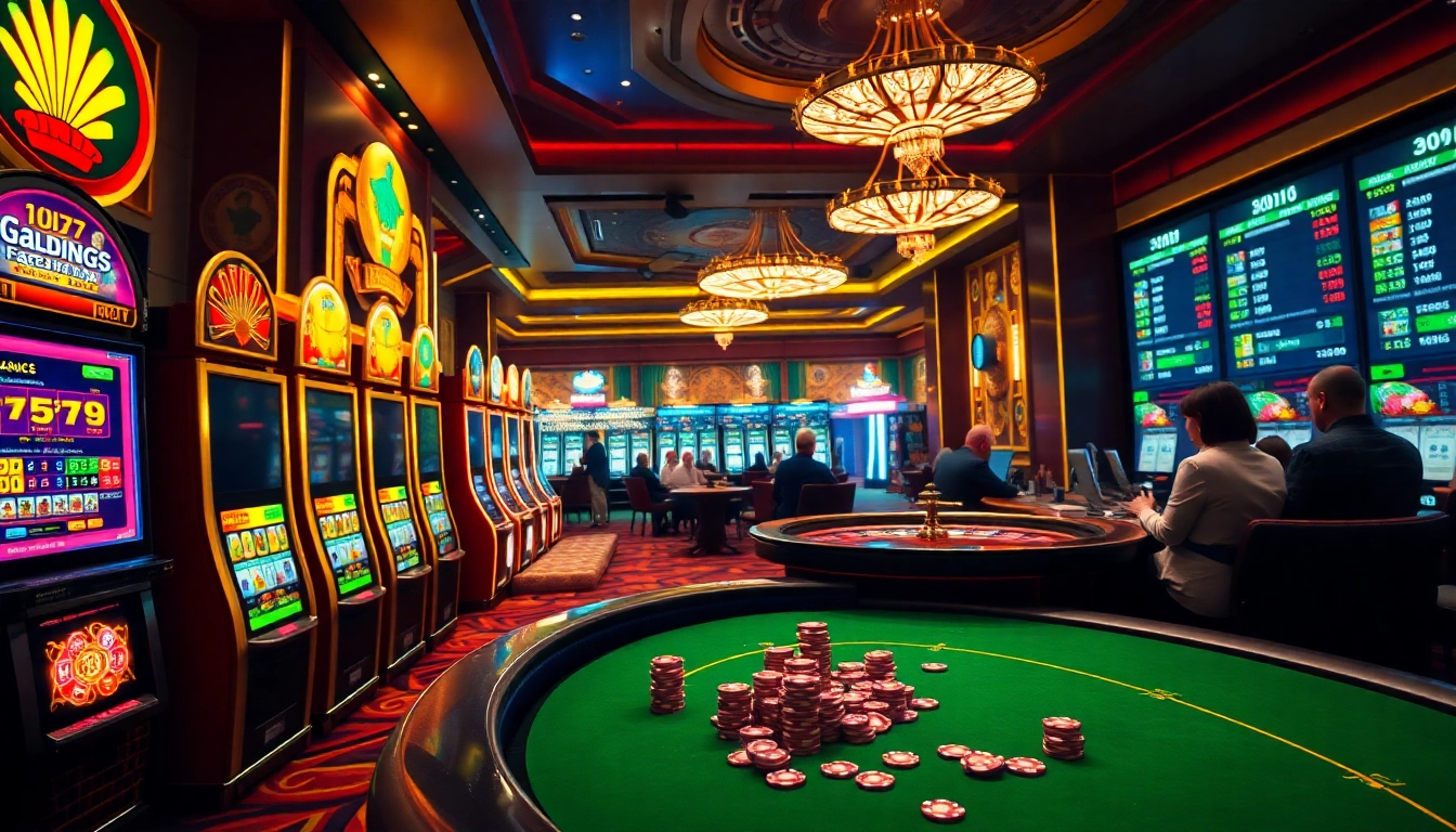 Exciting online gambling scene at https://789betg.com/ featuring vibrant slot machines and poker tables.