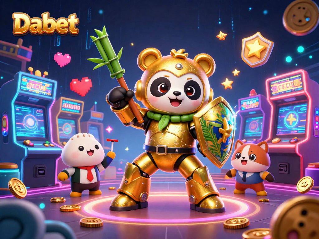 Dabet showcases an exhilarating gaming scene with a mech-suit panda and glowing arcade elements.
