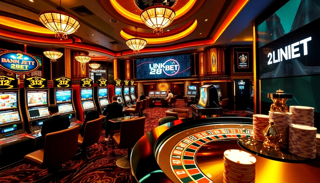 Experience the excitement of gambling with LINK 28BET in a vibrant casino scene featuring roulette tables and slot machines.