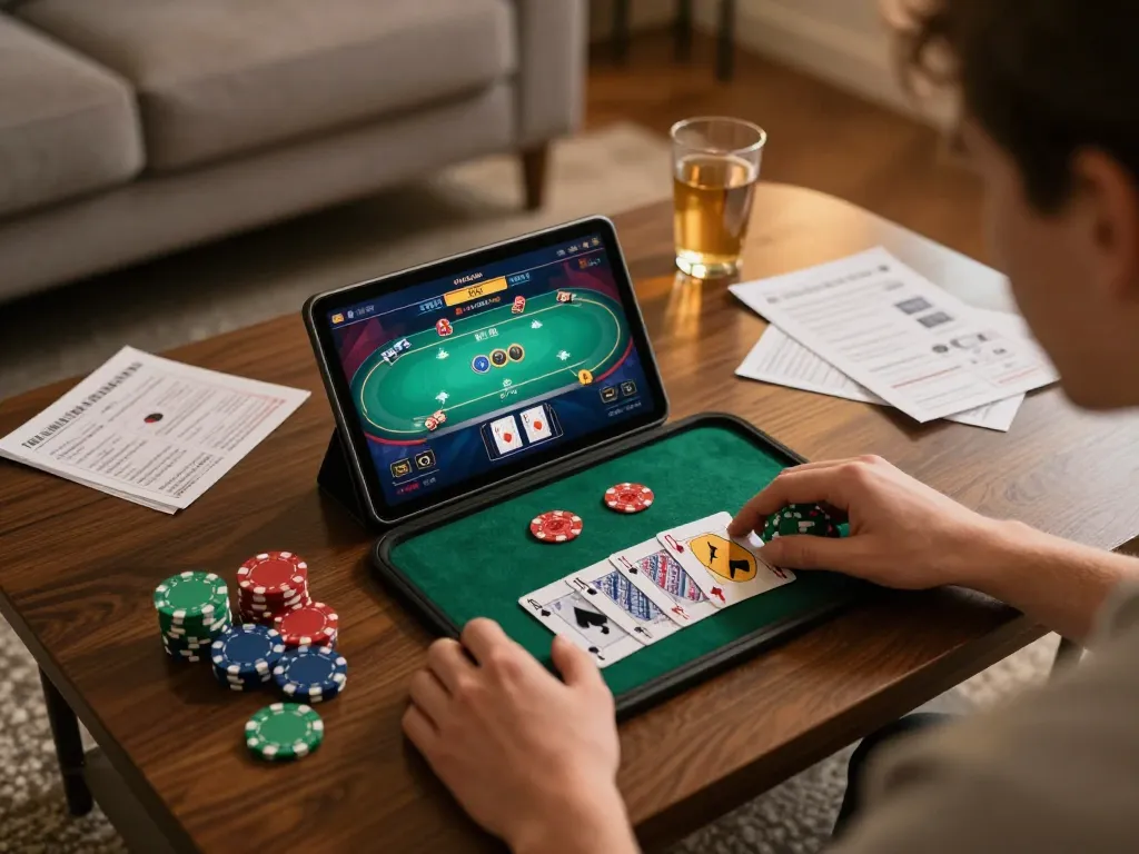 Engaging in a poker game on go86vn from a cozy home setup with strategy notes.