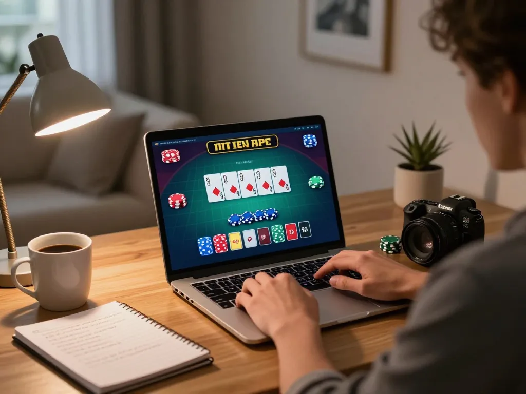Engaging in online poker gaming experience at 58win from cozy home setup with laptop.