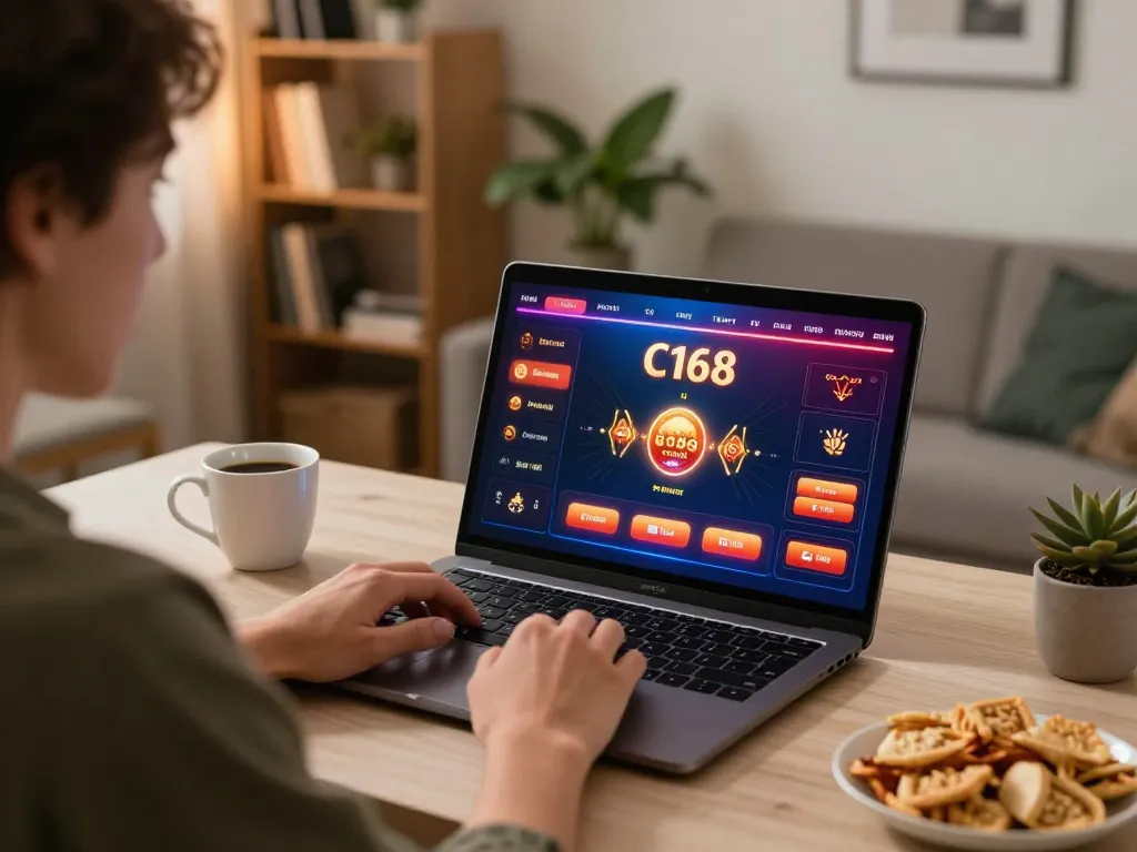 C168 online gaming experience with vibrant casino interface on a laptop in a cozy home setting.