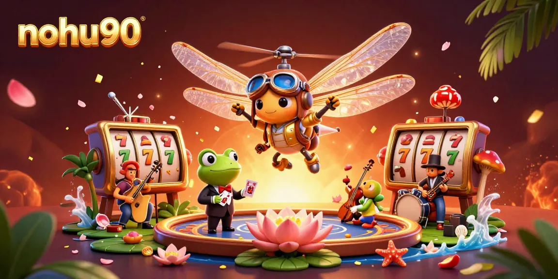 Experience excitement with nohu90 as the frog croupier deals cards in a vibrant casino scene.