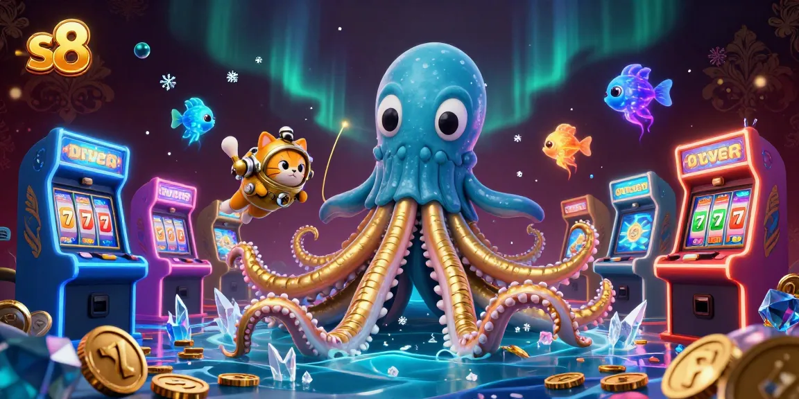 S8 showcases thrilling gameplay with a kraken and diving cat in a dynamic casino scene, enhancing excitement.