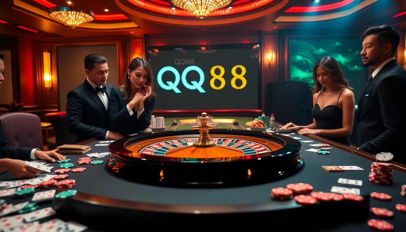 Experience the thrill of casino gaming with QQ88 at a vibrant roulette table.