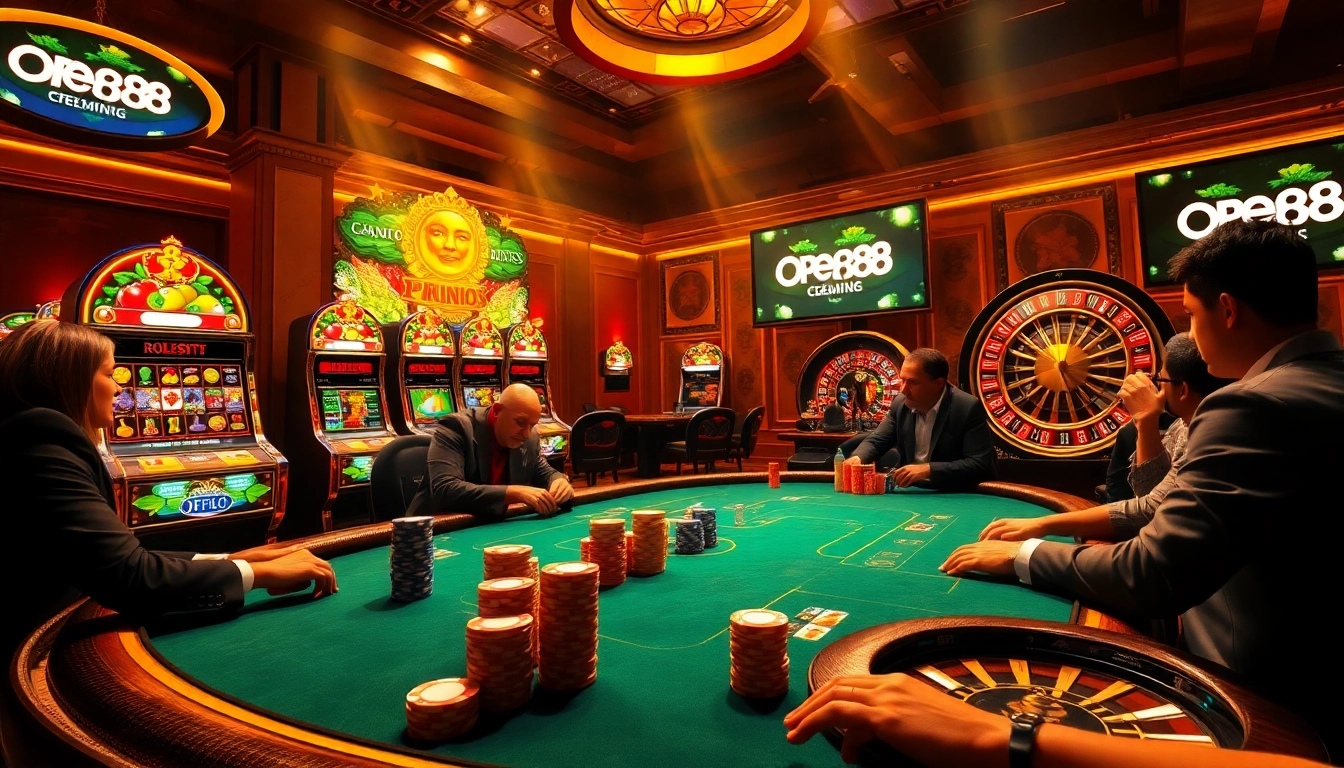 Experience the thrill of gaming at OPEN88 with vibrant tables and iconic slot machines.