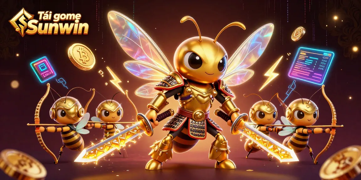 Tải game Sunwin through an engaging 3D illustrated scene featuring a hornet samurai and animated casino elements