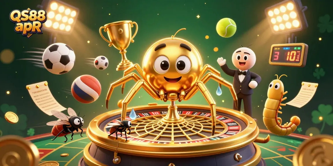 Engage in thrilling gaming with QS88 apR as the golden spider spins a roulette-inspired web.