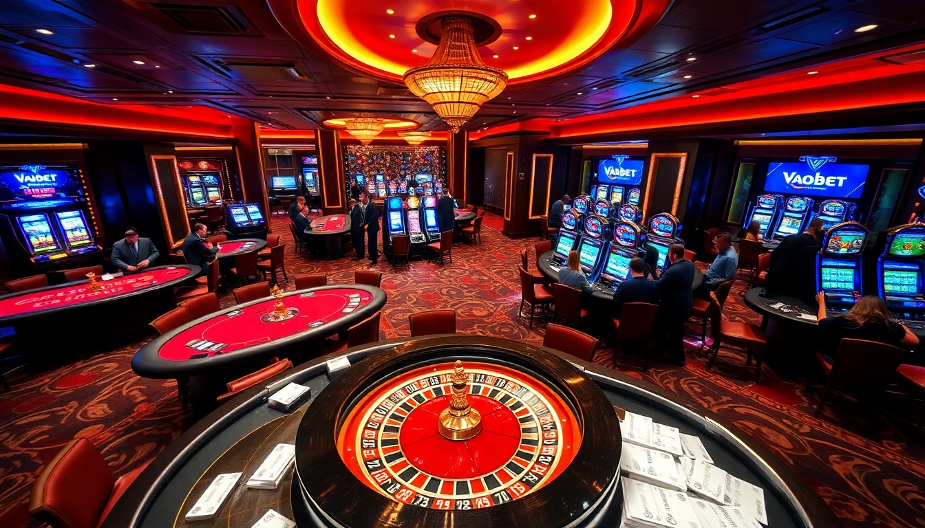 Vaobet casino scene highlighting exciting poker tables and vibrant slot machines.