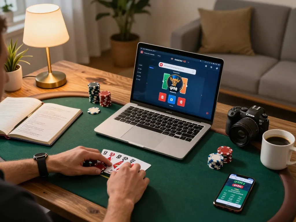 Join the excitement at go89 with an engaging online poker game at home, complete with strategic notes and a cozy setup.