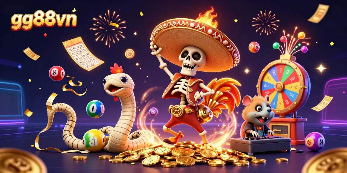 Join the excitement at gg88vn with vibrant casino elements and festive characters celebrating wins!