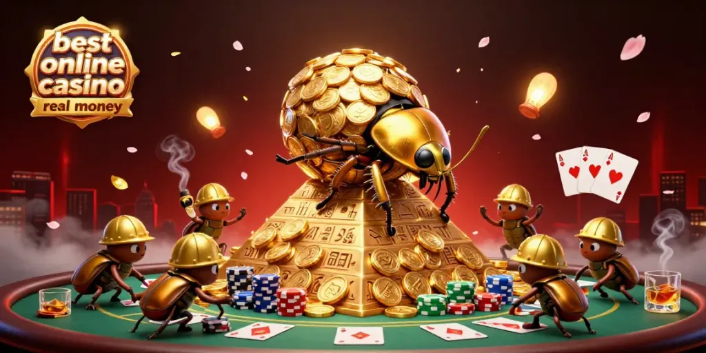 Engage with the best online casino real money through vibrant 3D illustration of a golden dung beetle character symbolizing wealth and gaming