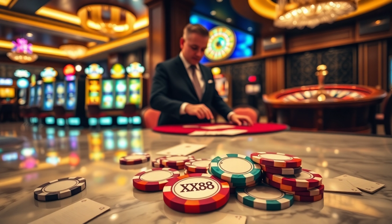 Excited players engage in a poker game at XX88's luxury casino setting.