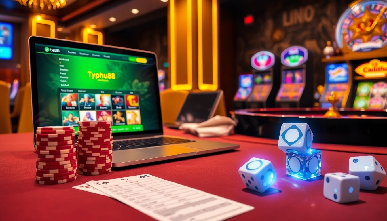 Engaging Typhu88 online gambling scene with poker chips and vibrant slot graphics.