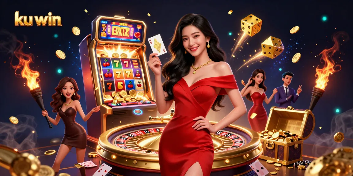 Engage in winning strategies at ku win with a glamorous Asian woman beside a golden roulette wheel and jackpot scatter.