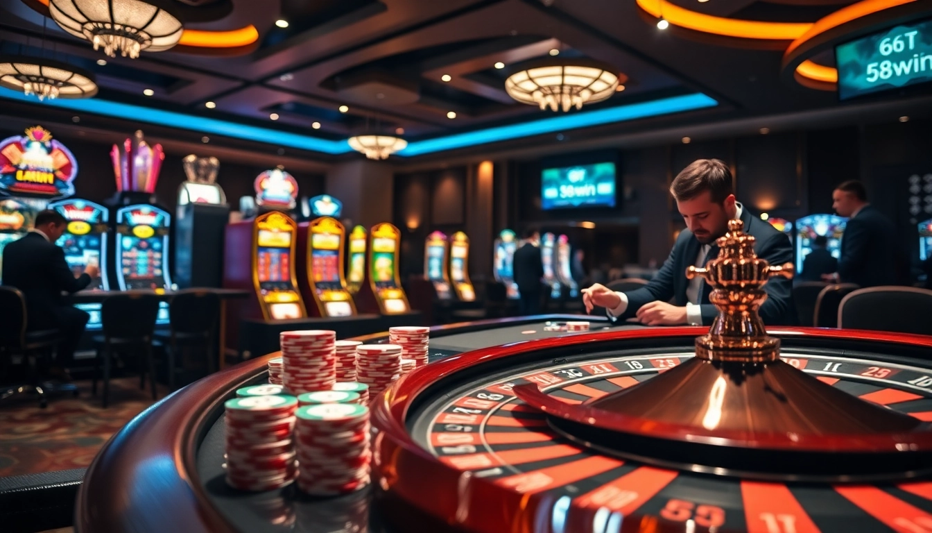 Experience the thrill of winning at 58win with a vibrant casino scene featuring poker tables and slot machines.