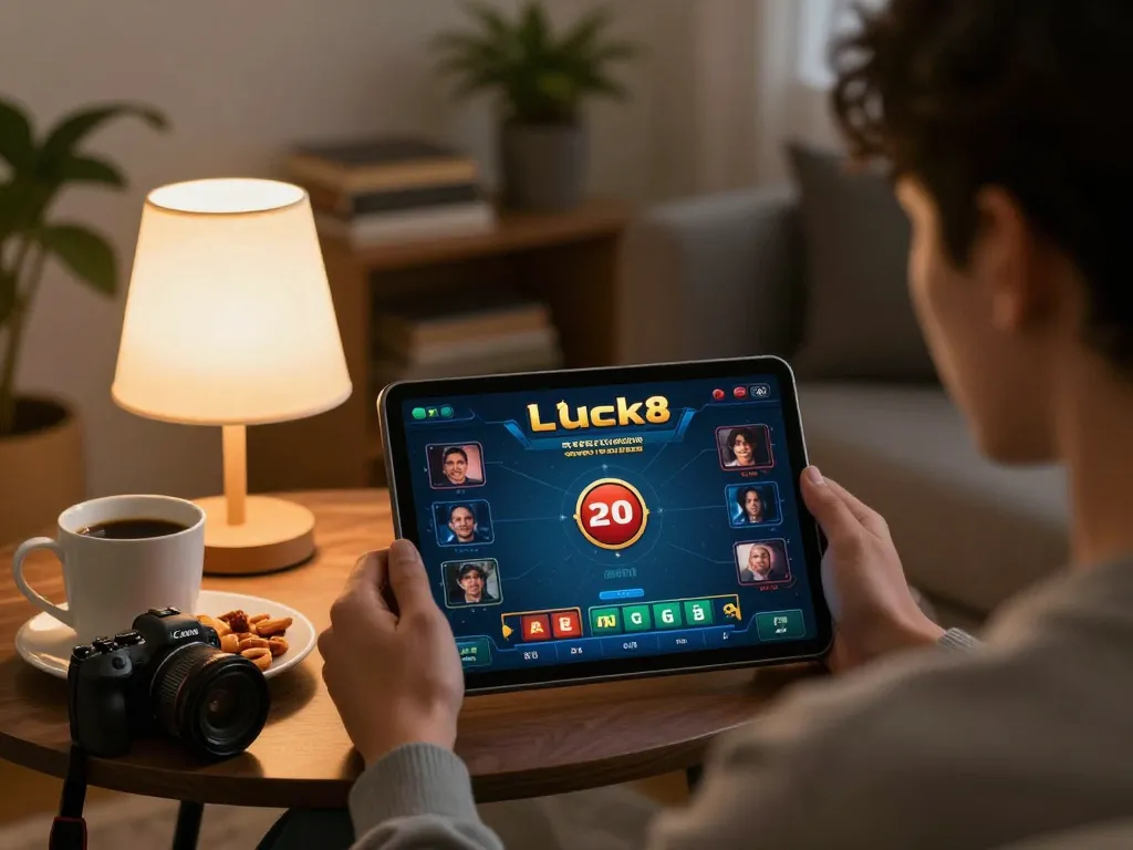 Engaging gameplay on luck8biz platform in a cozy home setting with snacks and warm lighting.
