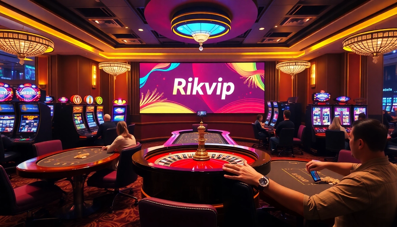 Engaging scene of players at a Rikvip casino, highlighting poker tables and vibrant slot machines.