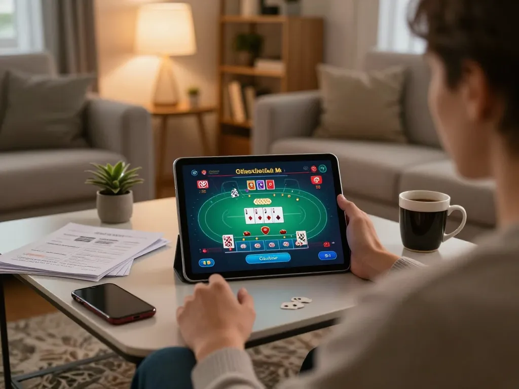 Engaging in online gaming with fly8800 using a tablet, showcasing a cozy home environment.