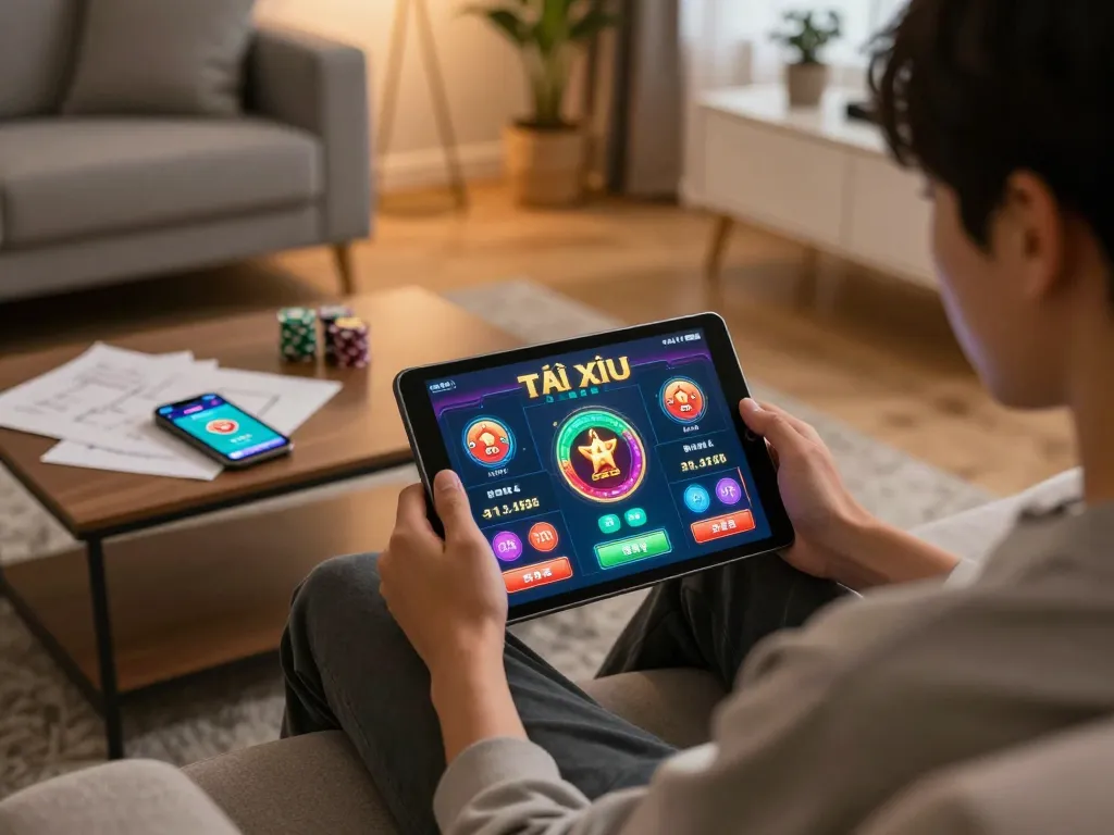 Engaged player enjoying Tài Xỉu Online on their tablet in a cozy home setting, showcasing a warm atmosphere and gaming strategy.