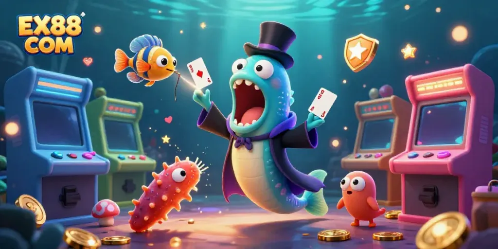 Experience the magic of EX88 COM with interactive casino characters and vibrant gaming elements.