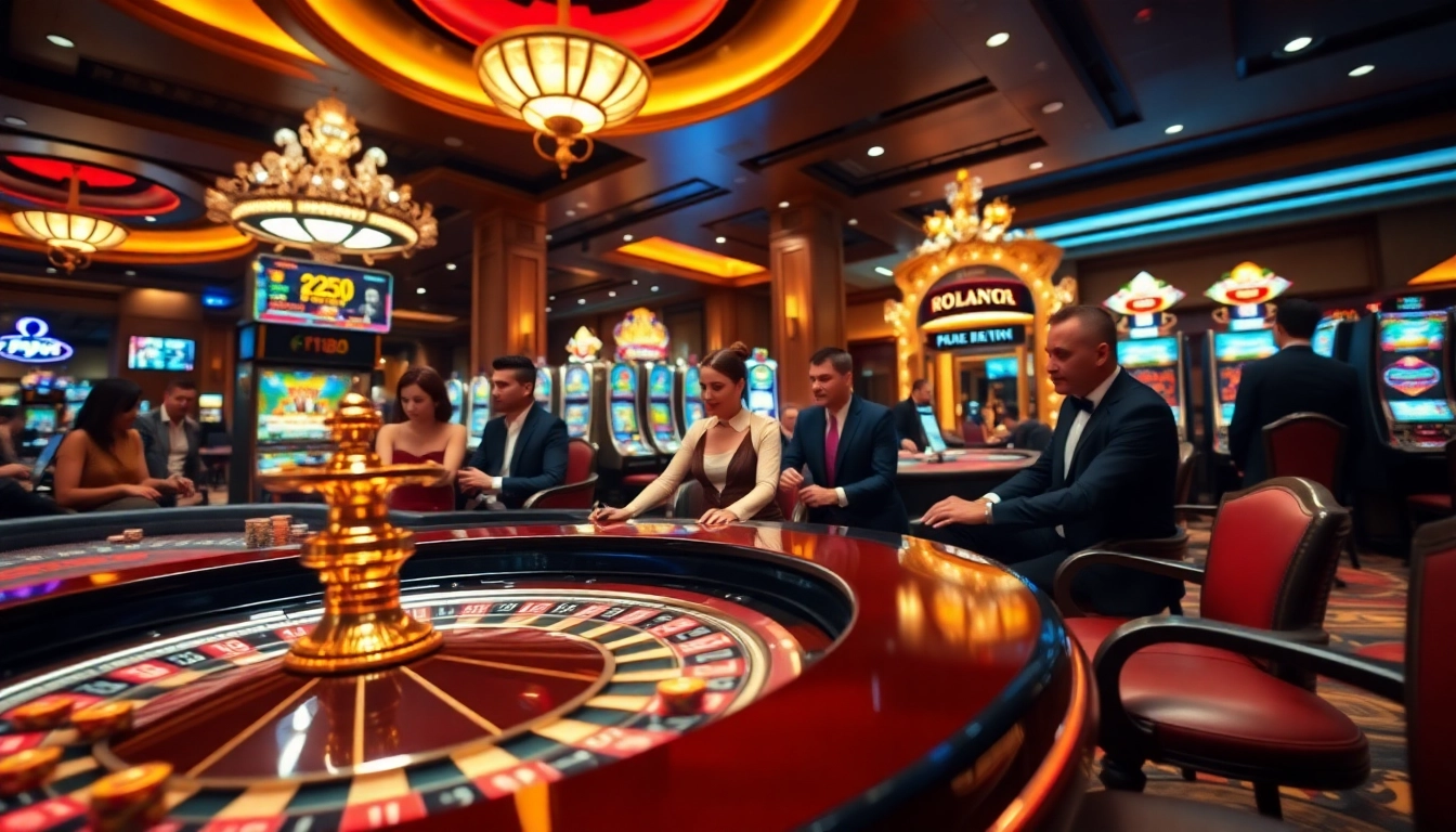 A lively gaming scene at f168 casino featuring players at the roulette table and vibrant poker chips.