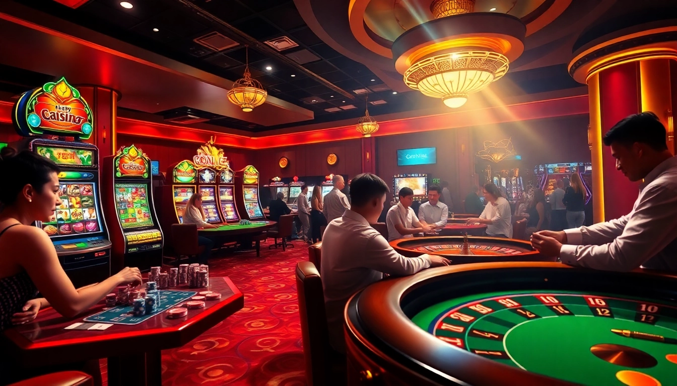Experience thrilling gambling action at https://mm88.dance/ with players engaged at poker tables in a luxurious casino.