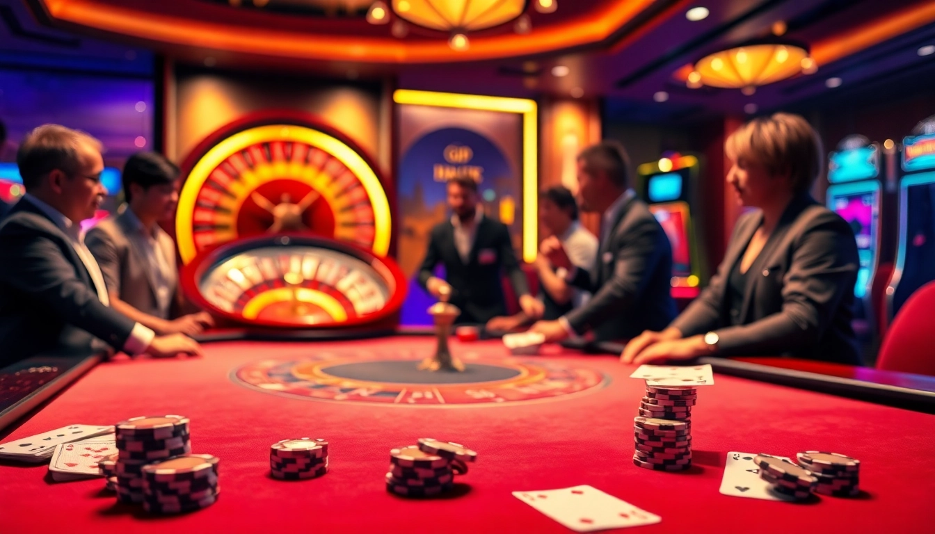 Experience the thrill of gaming at GO8 with poker chips and roulette wheels in a luxurious casino setting.