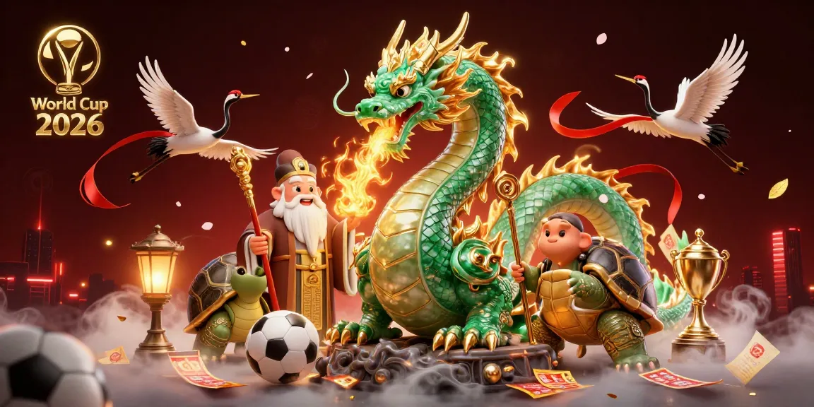 World Cup 2026 extravaganza featuring mythical dragon, turtle sage, and lucky cranes in vibrant casino setting.