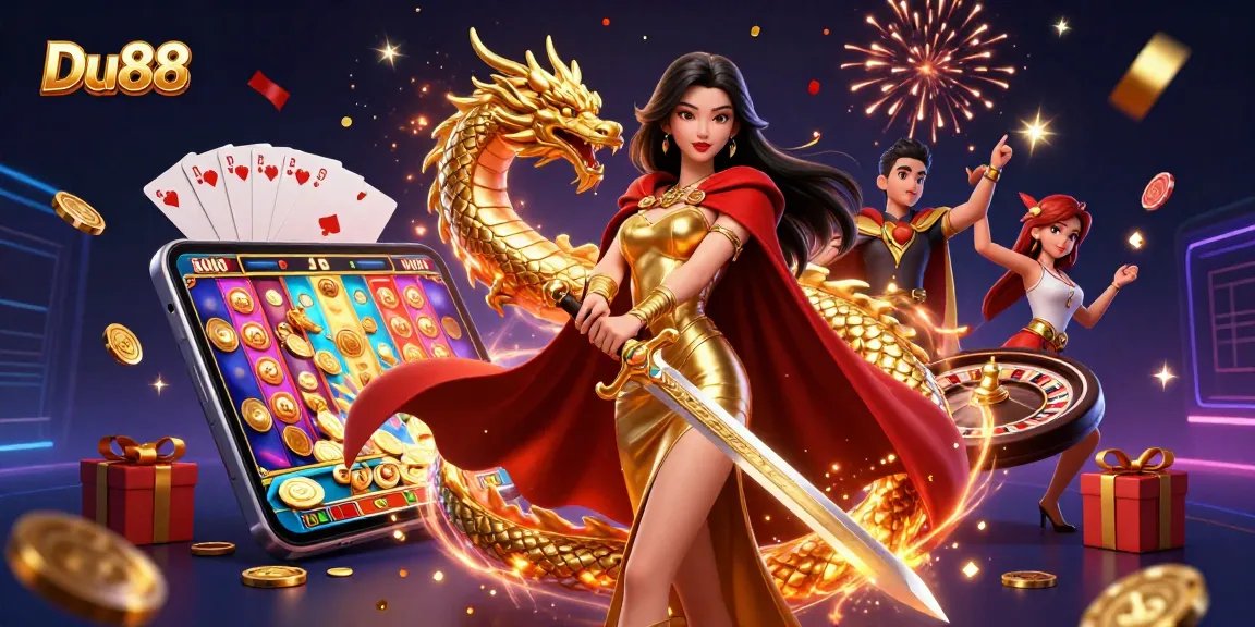 Engage with Du88 excitement featuring a warrior queen in a vibrant casino-themed 3D illustration.