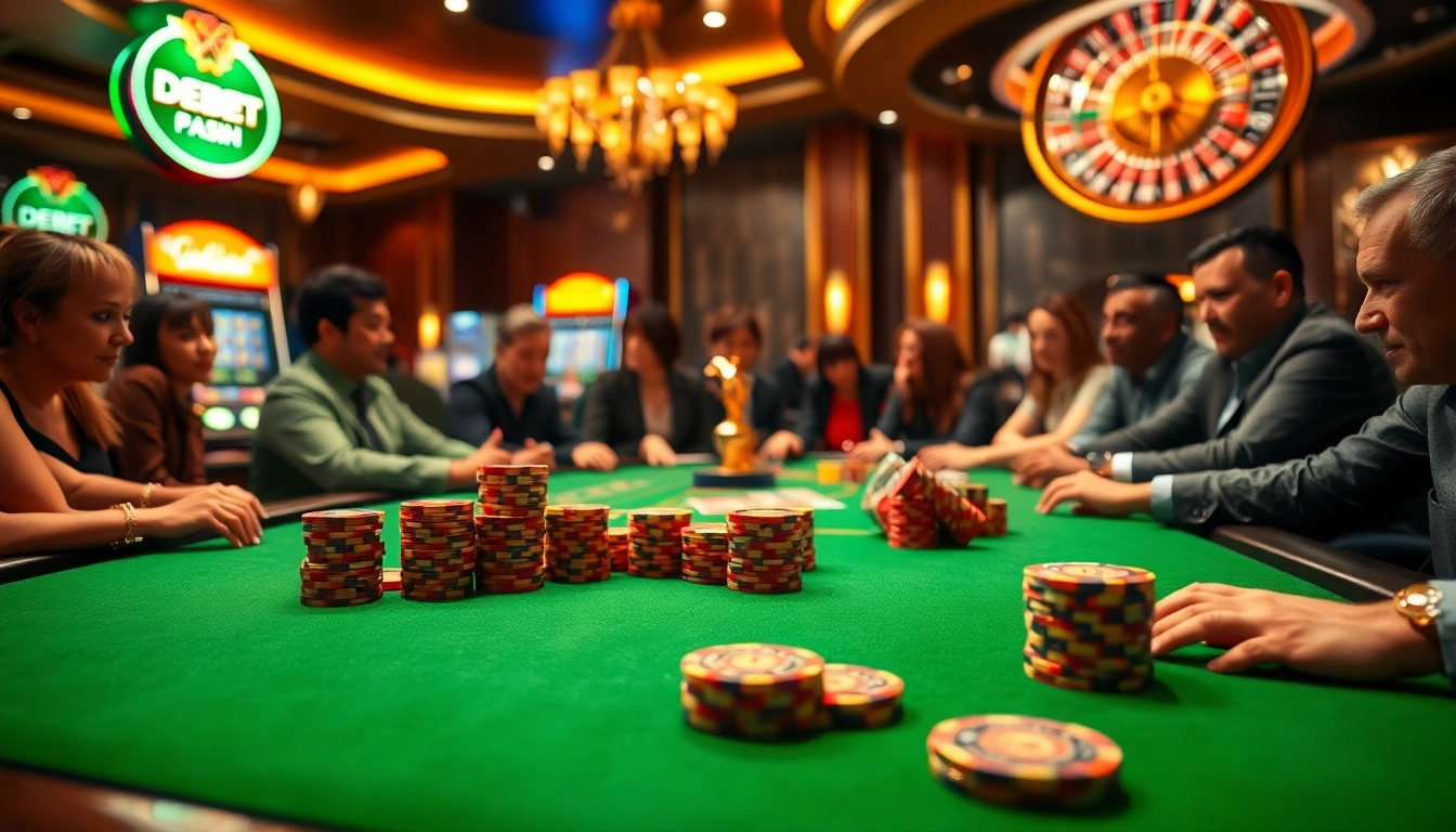 Engaged players at the Trang Chủ DEBET casino table surrounded by slot machines, embodying excitement.