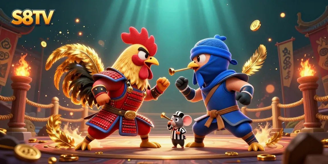 S8TV showcases a dynamic standoff between cartoon roosters in an exciting gambling arena.