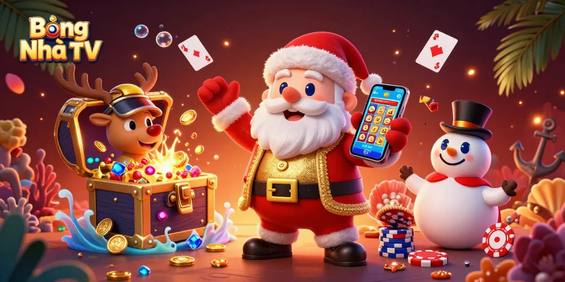 Bóng Nhựa TV offers a vibrant scene of Santa with jackpot slots, reindeer dealer, and colorful gems.