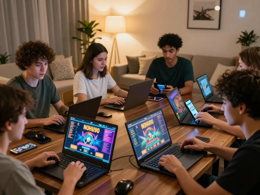 Engaged players enjoying NOHU90 casino games on laptops and smartphones in a cozy home setting.