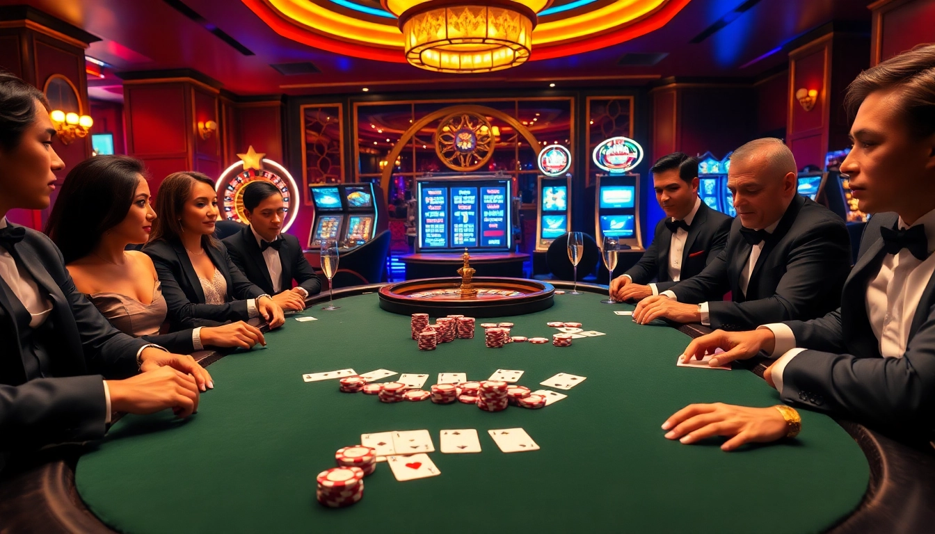 Vibrant casino scene showcasing players at a poker table, promoting nhà cái OK365 excitement.
