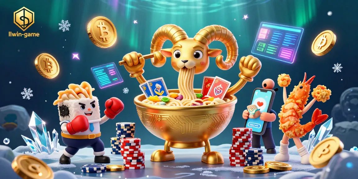 Experience the excitement of gambling with llwin-game featuring vibrant characters like a giant ramen bowl and crypto symbols.