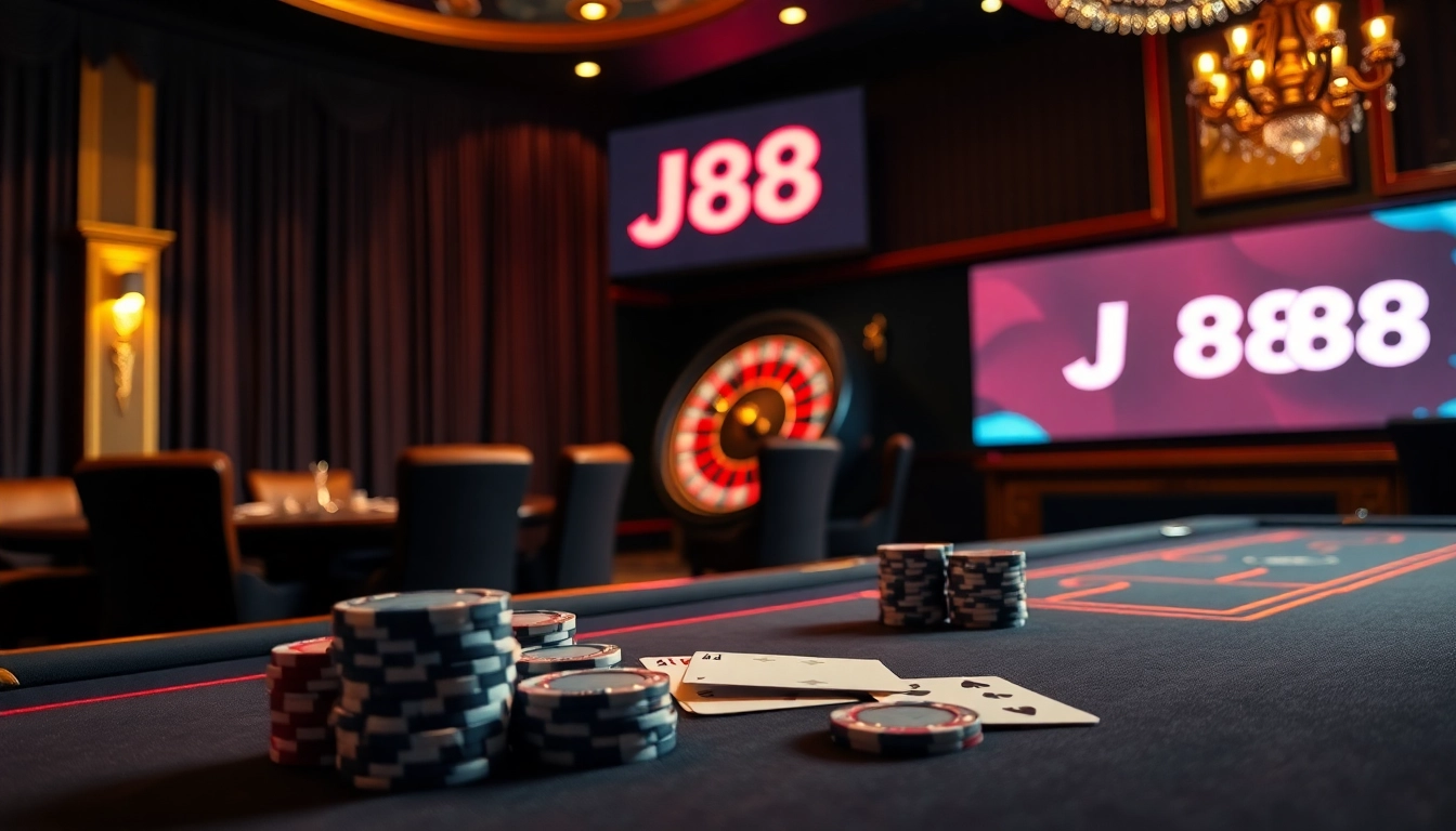 Experience thrilling poker action at J88 casino with colorful chips and vibrant roulette wheel.