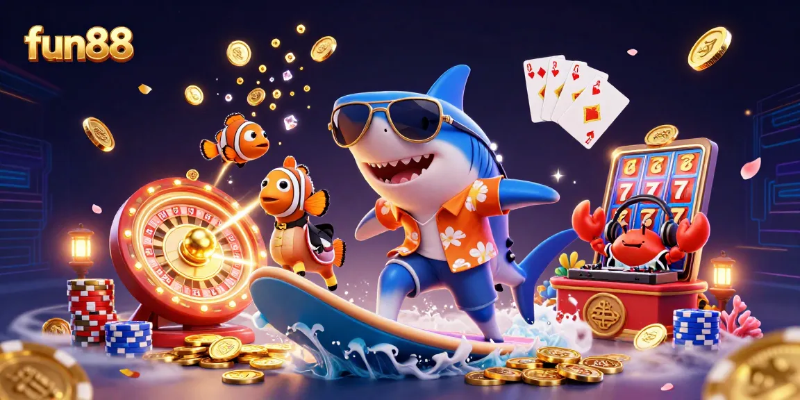 Win with fun88 while enjoying a vibrant casino scene featuring animated characters and exciting gaming elements.