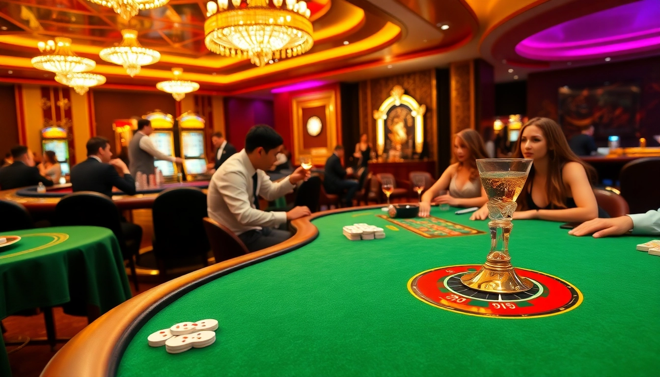 Experience thrilling gameplay at 789win trang chủ with gamblers enjoying poker and roulette tables in a luxurious setting.