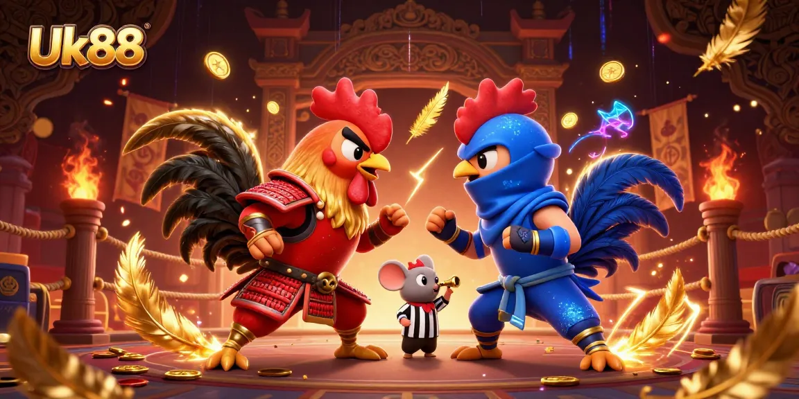 Engage with Uk88's thrilling match of roosters in a vibrant casino atmosphere, showcasing a dynamic standoff amid swirling gold.