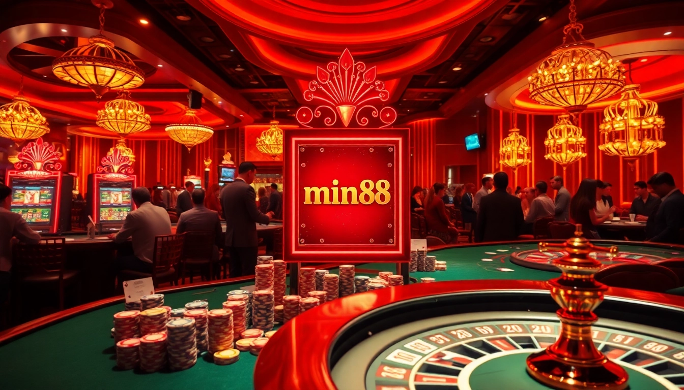 Experience the thrill of mint88 as players engage at an opulent casino scene filled with slot machines and betting tables.