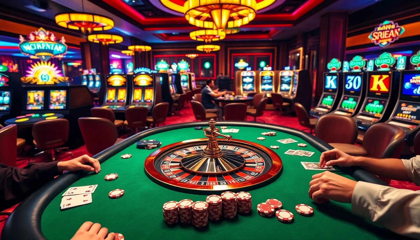 Engage with dynamic gameplay at KK55 Casino, featuring a roulette wheel, poker table, and colorful chips.