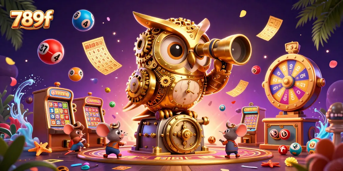 Experience thrilling gameplay with 789f casino scene, featuring an animated clockwork owl and vibrant lottery elements.