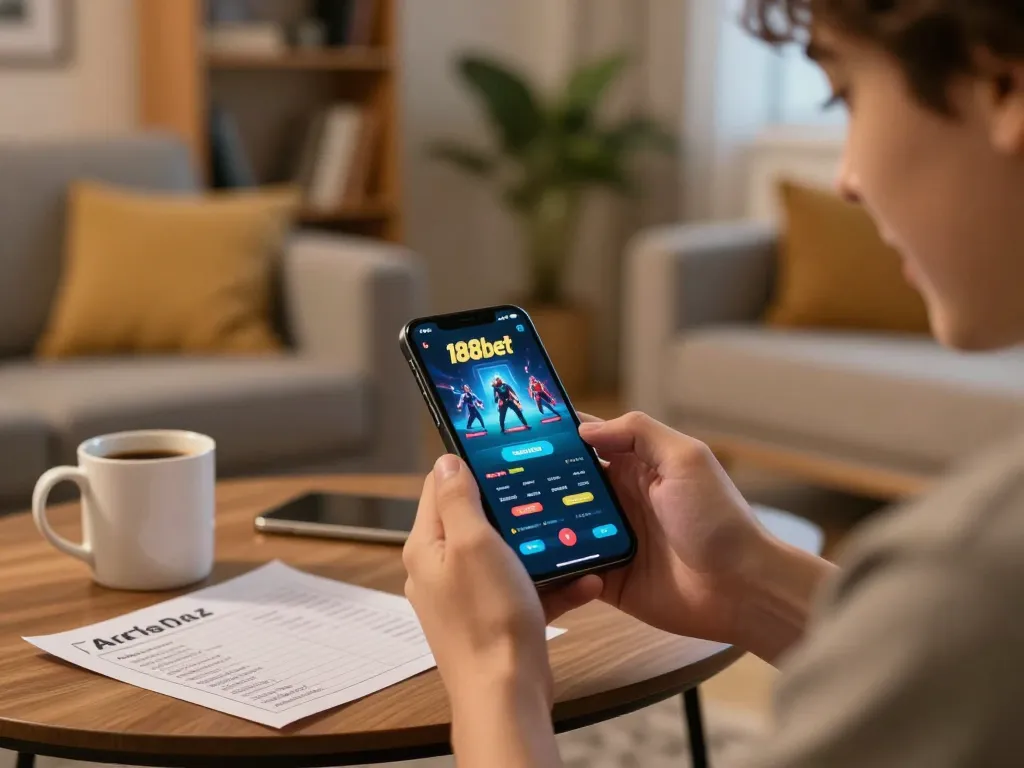 User engaging with the 188bet app on a smartphone, capturing the excitement of online betting in a cozy home setting.