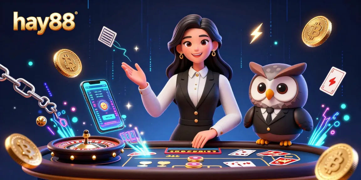 Experience the vibrant online casino atmosphere at hay88 with an Asian woman dealer and charming owl assistant amidst crypto elements.