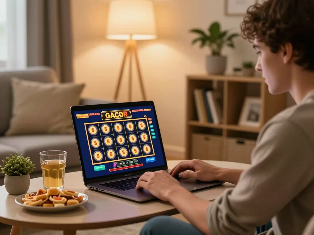 Player enjoying Slot Gacor online at home with a laptop in a cozy environment