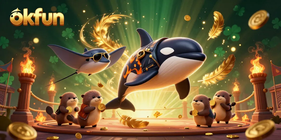 Experience thrilling action at okfun with a vibrant 3D illustration featuring dynamic sea creatures and casino elements.