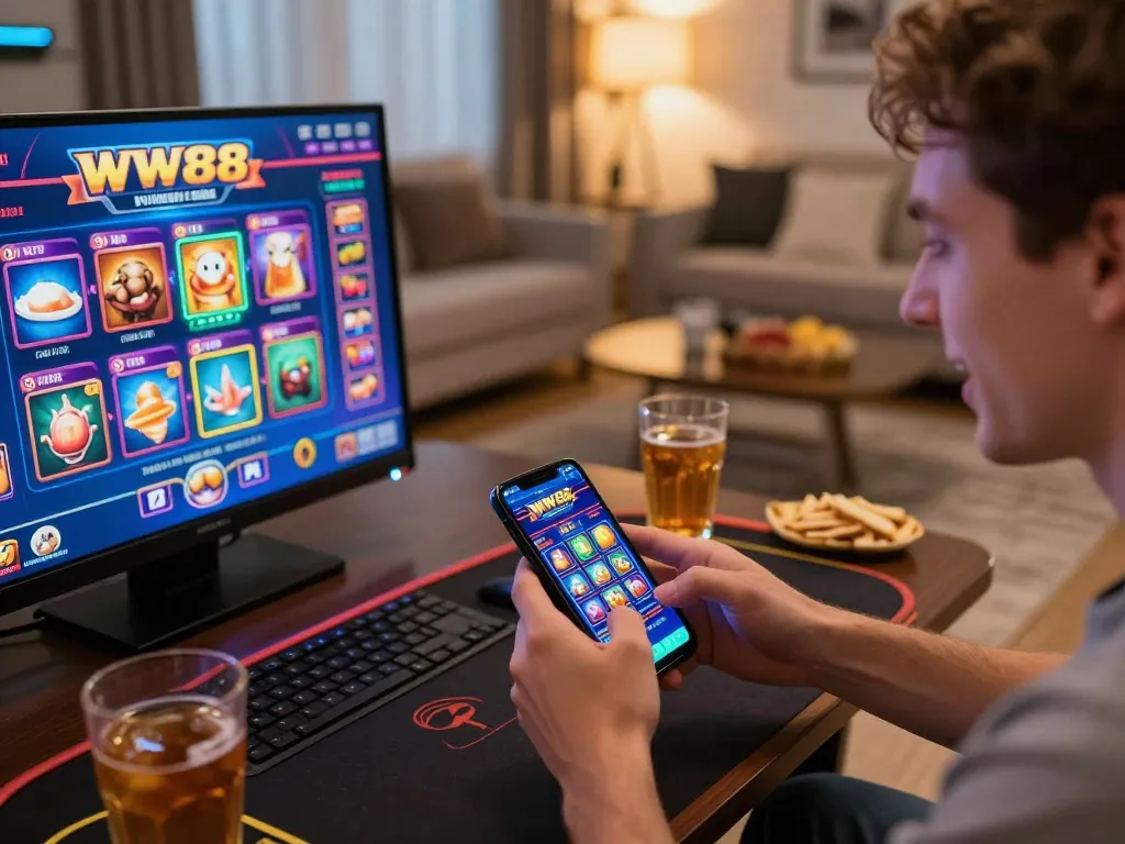 Engaging with the WW88 casino app on a smartphone in a cozy home setting, showcasing online gambling excitement.