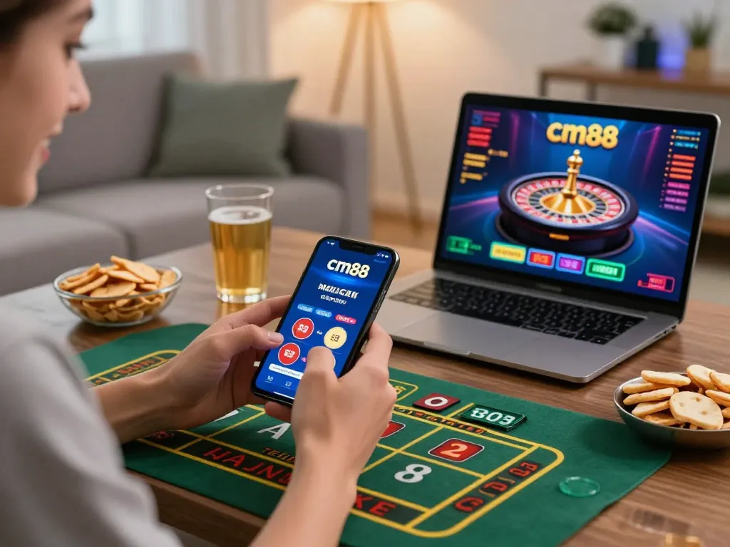 Engaging with the cm88 mobile casino app while placing bets, cozy home scene.